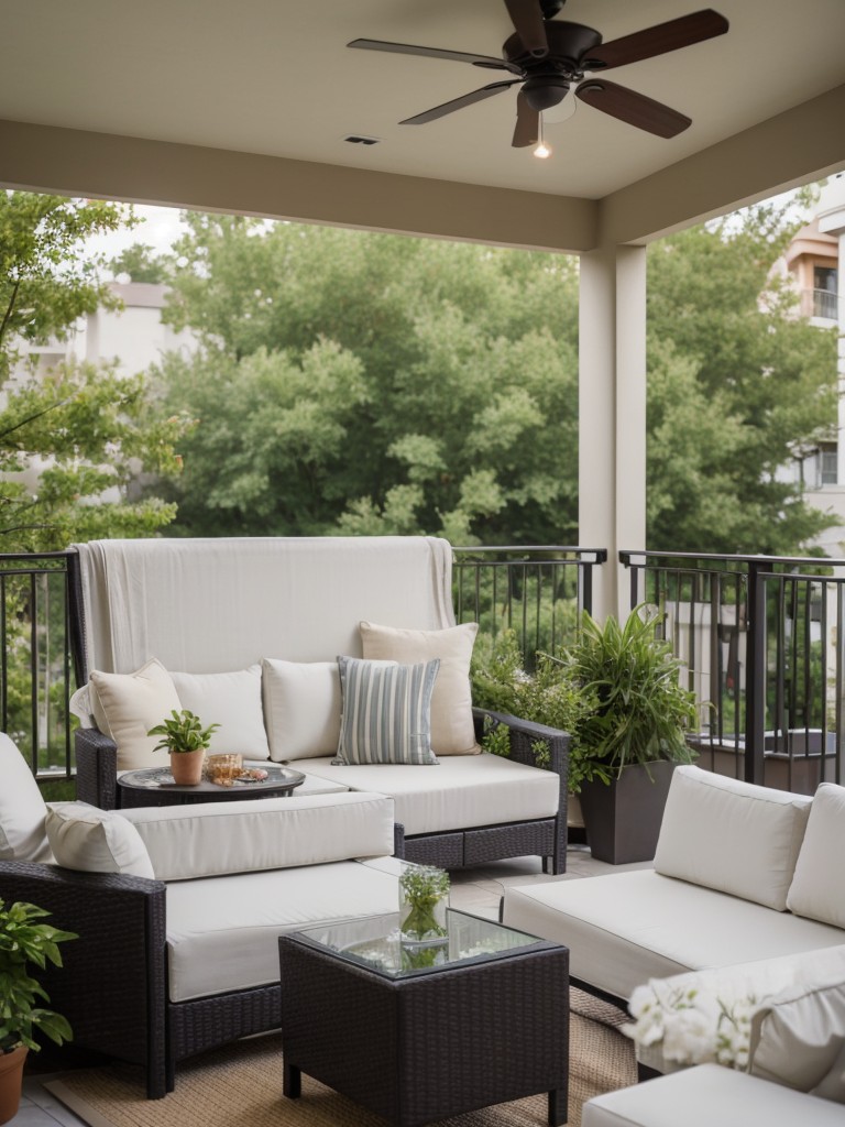 Designing a mother-in-law apartment with an outdoor living area, incorporating a patio or balcony space with comfortable seating, plants, and lighting, for enjoying the fresh air and nature.