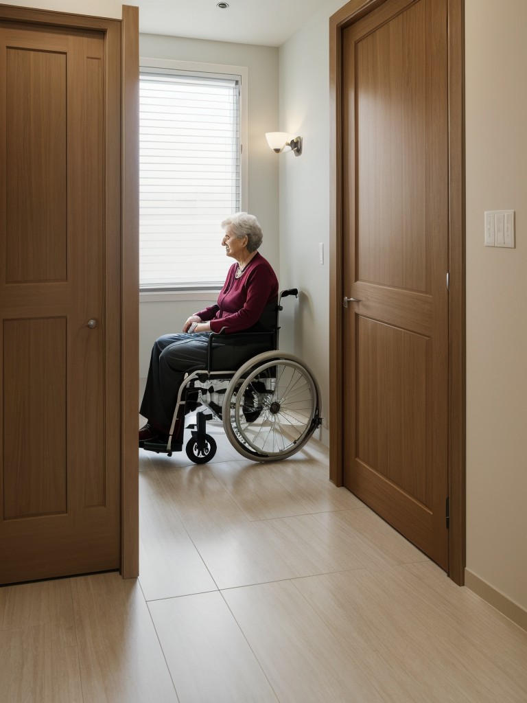 Designing a wheelchair accessible mother-in-law apartment with wider doorways, ramped entrances, and grab bars in bathrooms, ensuring easy mobility and safety for those with mobility challenges.