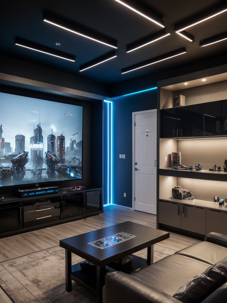 Gaming-themed studio apartment for guys, incorporating dedicated gaming zones, futuristic technology, and immersive lighting to create the ultimate gaming experience.