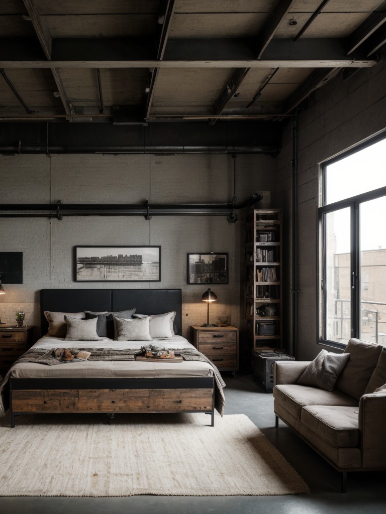 Industrial-inspired studio apartment for guys, incorporating raw materials, unfinished textures, and salvaged furniture to achieve a rugged and edgy aesthetic.