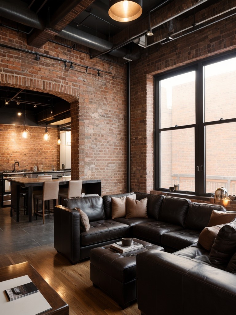 Masculine loft-style studio apartment design, combining exposed brick walls, leather furniture, and statement lighting for a bold and sophisticated look.