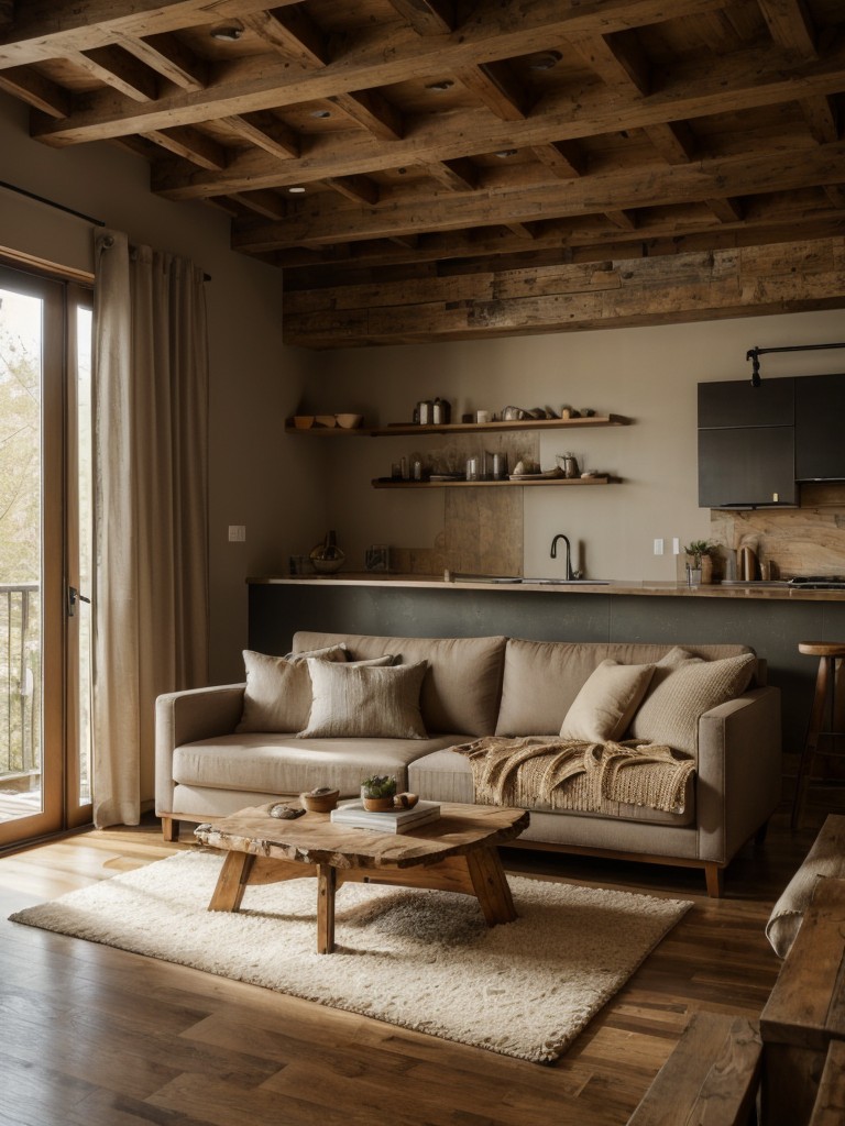 Modern rustic studio apartment design for guys, combining natural materials, earthy color schemes, and cozy textures to create a warm and inviting atmosphere.