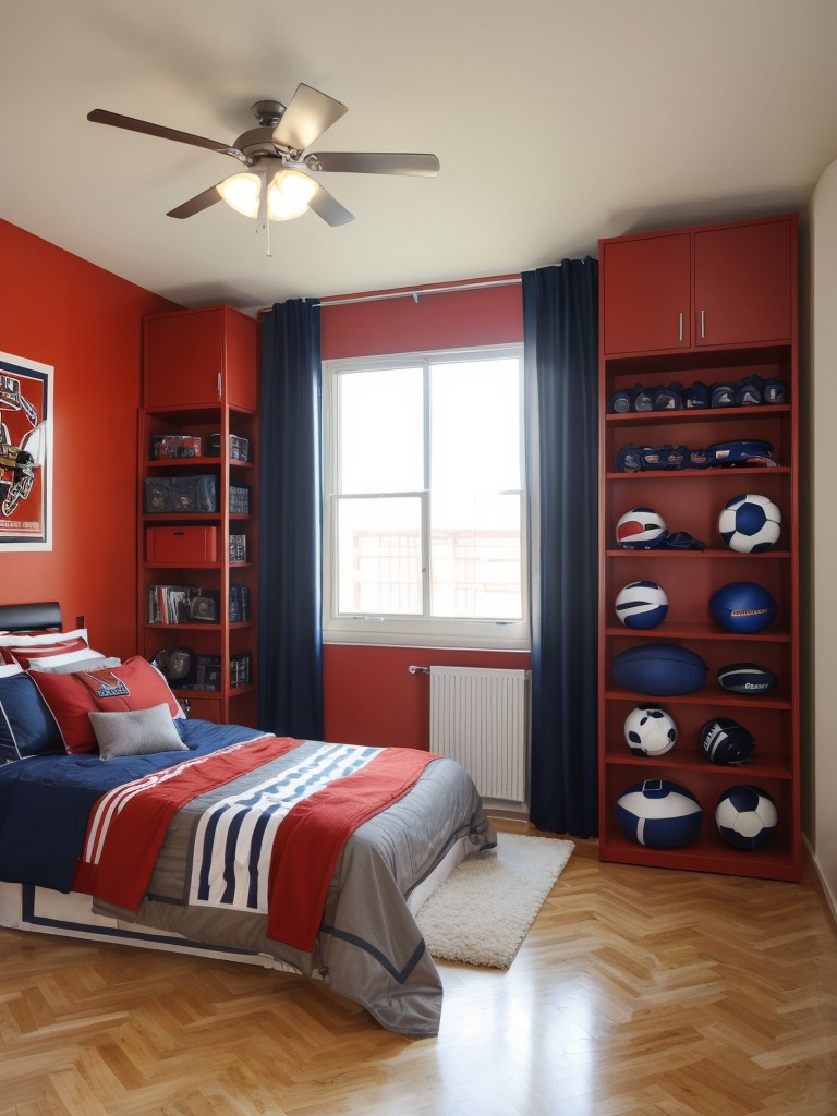 Sports-inspired studio apartment ideas for guys, featuring sports memorabilia displays, athletic equipment storage, and a vibrant color scheme inspired by your favorite team.