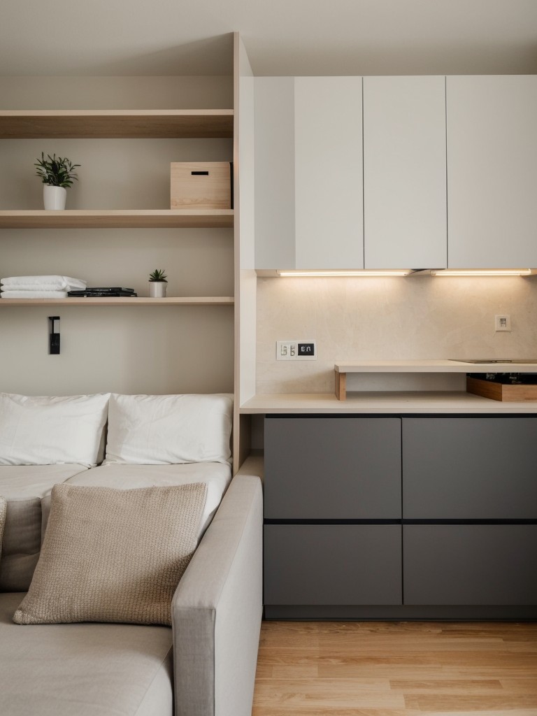 Studio apartment setup for guys with a focus on functionality and efficiency, utilizing multifunctional furniture, smart storage solutions, and a neutral color palette.