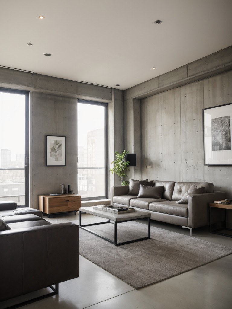 Urban bachelor pad design for a studio apartment, featuring modern furniture, urban artwork, and a mix of materials like metal, leather, and concrete.