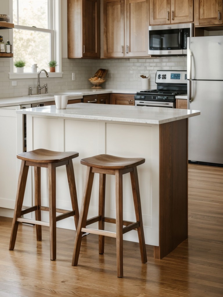 Incorporate a small breakfast bar or counter with bar stools to provide additional seating without overwhelming the room.