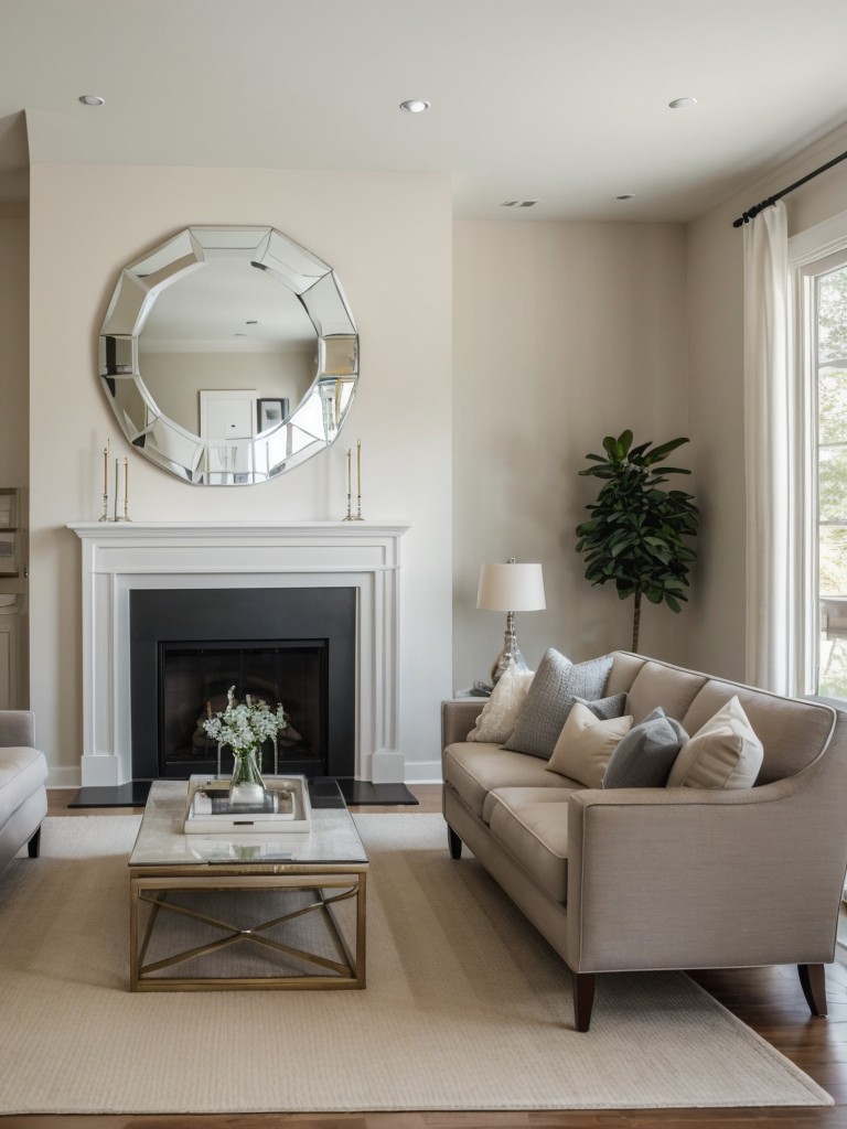 Incorporate a statement mirror on one of the walls to reflect light and create the illusion of an expanded living room.