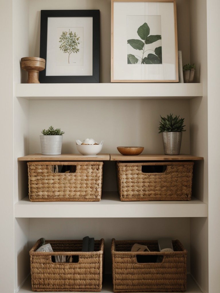 Use floating shelves or wall-mounted storage to display decorative items and avoid overcrowding the limited floor space.