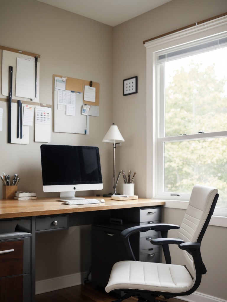 Create a dedicated workspace or home office area by utilizing a small desk, ergonomic chair, and organizing tools to ensure productivity and focus.