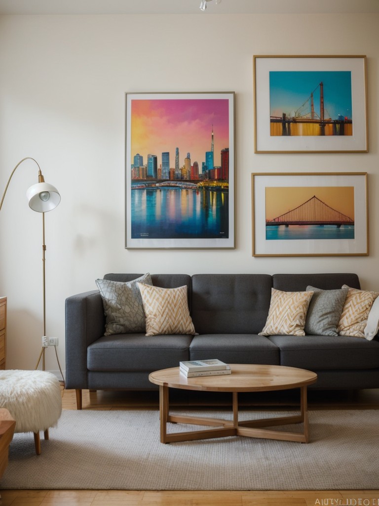 Artsy and creative apartment decor, with gallery walls, unique art pieces, and bright pops of color to reflect the city's artistic spirit.