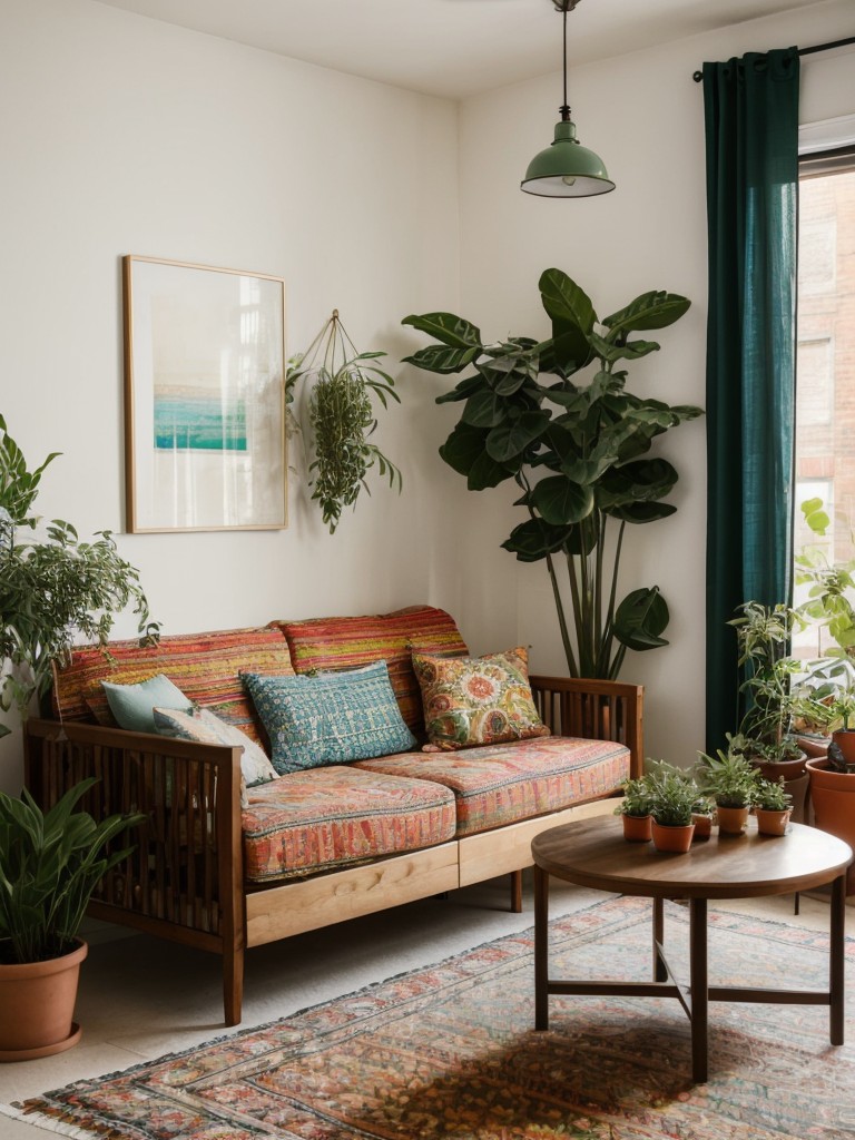 Bohemian-inspired apartment with relaxed and eclectic design, featuring mix-and-match furniture, vibrant textiles, and plenty of plants to create a cozy and laid-back atmosphere.