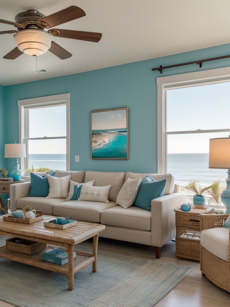 Coastal-inspired apartment decor, combining beachy colors, natural textures, and nautical elements for a serene and relaxing atmosphere.