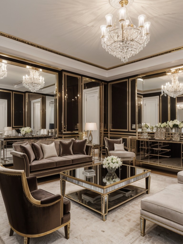 Glamorous New York apartment with luxe materials, such as velvet upholstery, crystal chandeliers, and mirrored finishes, to create an elegant and sophisticated ambiance.