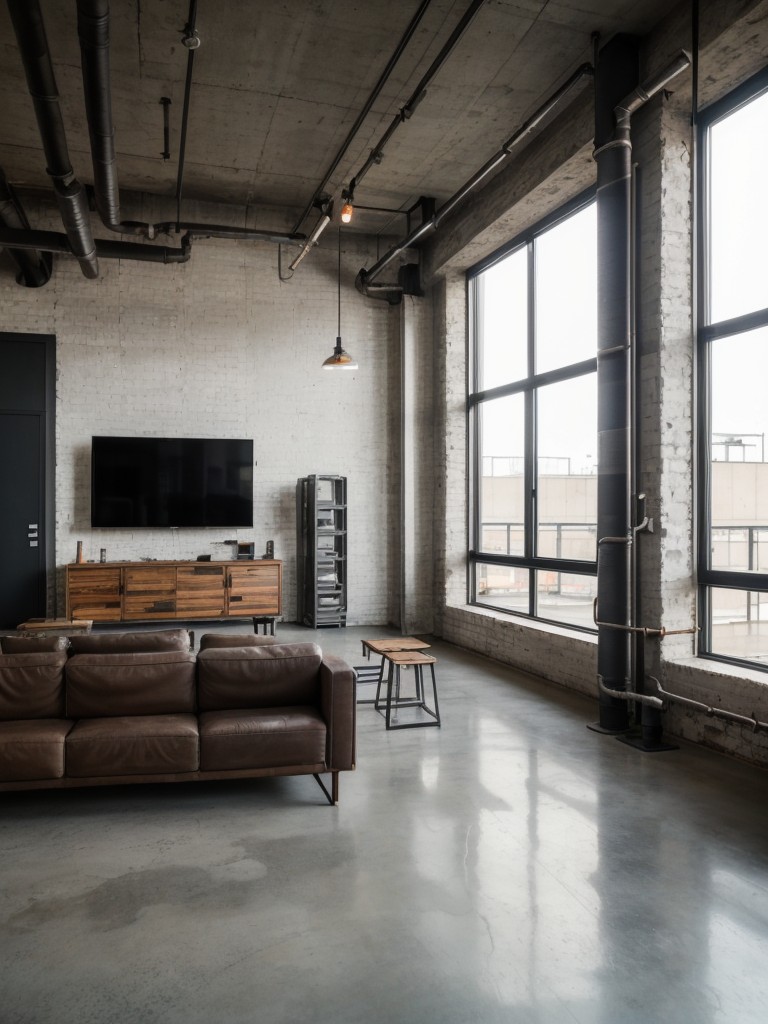 Industrial-inspired apartment design, with exposed pipes, concrete floors, and vintage furniture, for a trendy and edgy aesthetic.