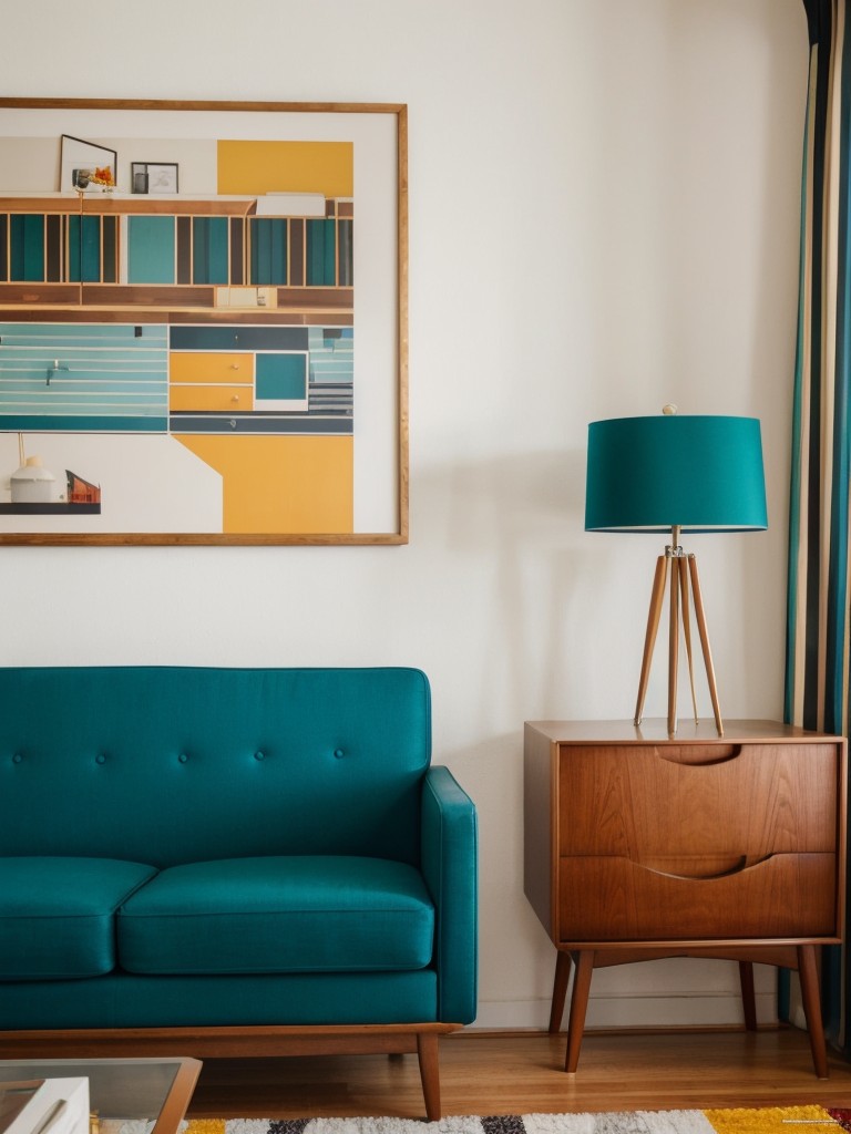 Mid-century modern apartment decor, featuring iconic furniture pieces, bold patterns, and striking colors for a touch of retro chic.