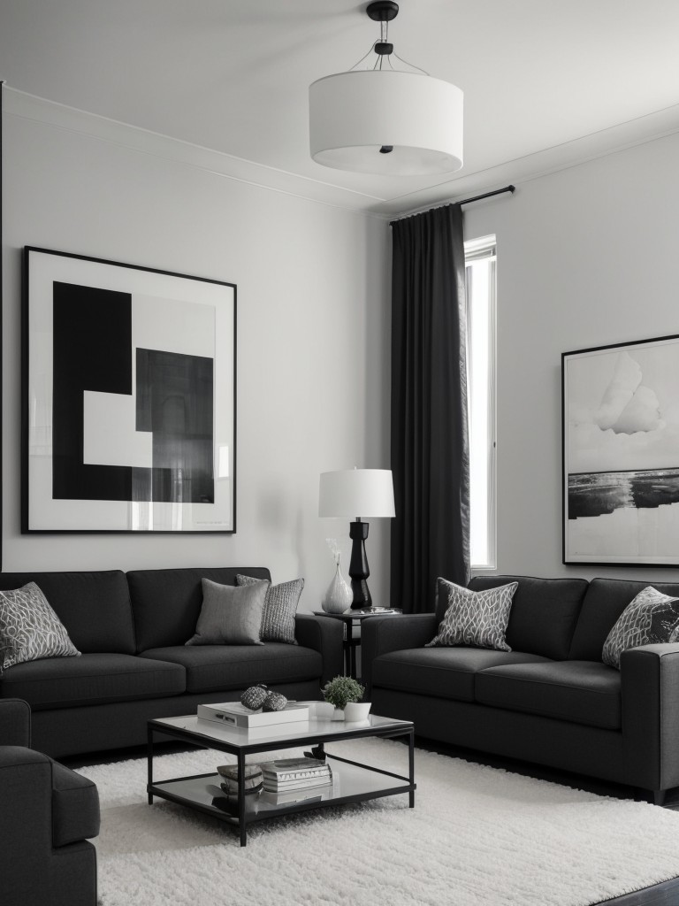 Monochromatic color scheme for a New York apartment, utilizing shades of black, white, and gray, with pops of color through artwork or accessories for visual interest.