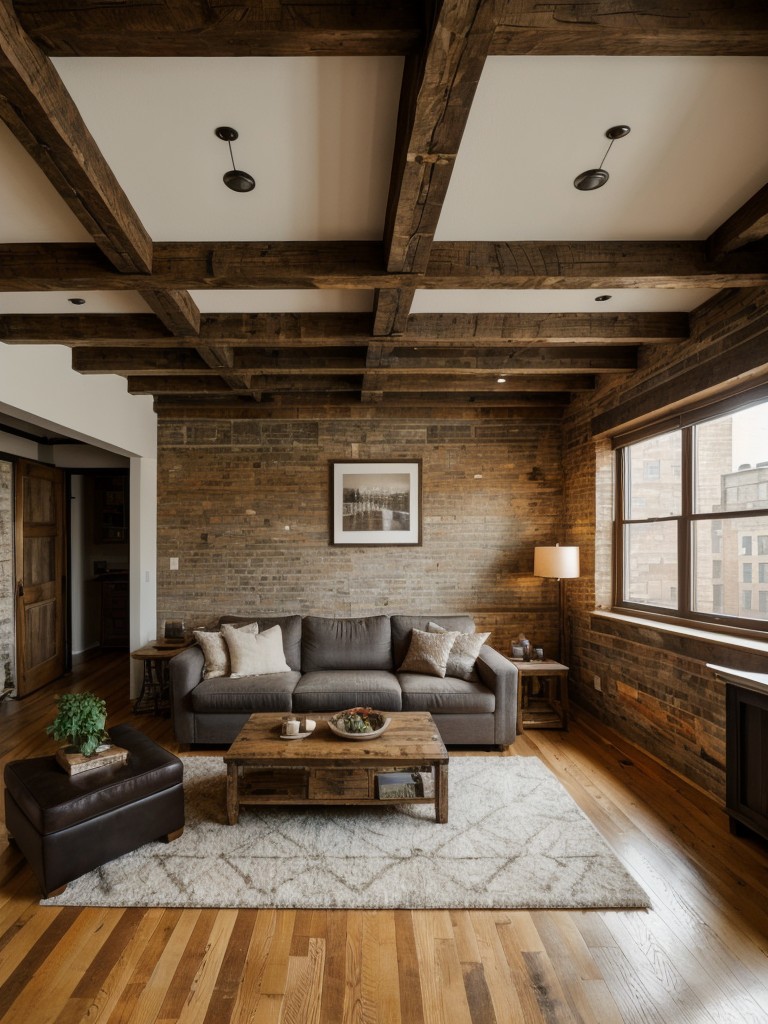 New York apartment with a rustic and cozy vibe, featuring exposed beams, reclaimed wood furniture, and warm earth tones, creating a welcoming retreat in the heart of the city.