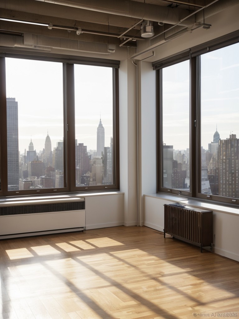 New York loft-style apartment with open floor plan, high ceilings, and large windows to maximize natural light and showcase city views.