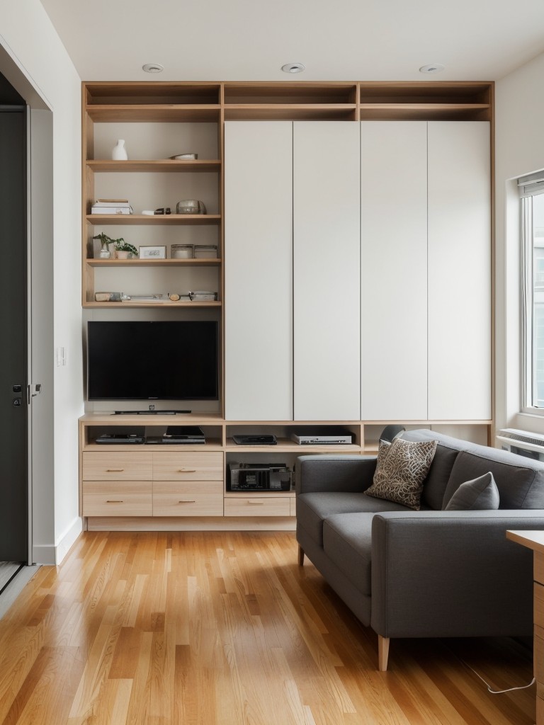 New York minimalist apartment with smart storage solutions, hidden compartments, and clever organization to keep clutter at bay.