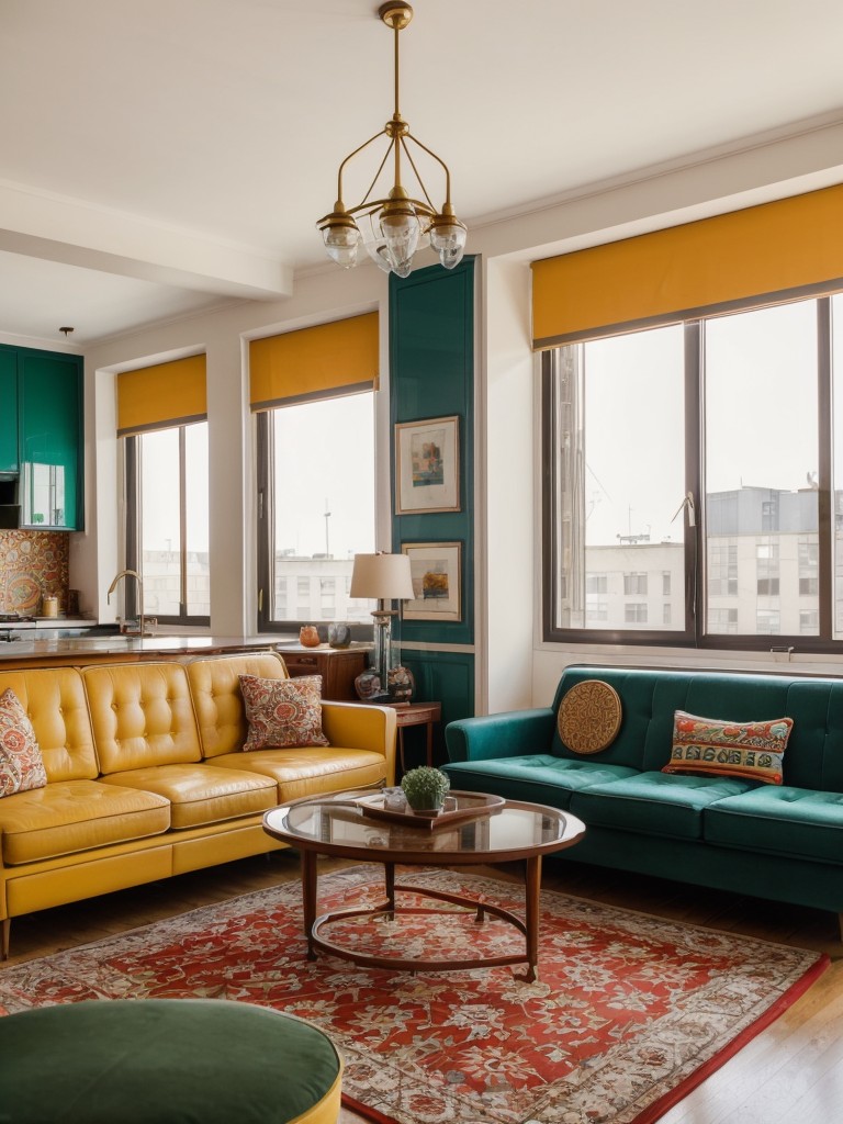 Retro-chic apartment design, incorporating vintage furniture, bold patterns, and vibrant colors, paying homage to the city's rich history and retro vibes.