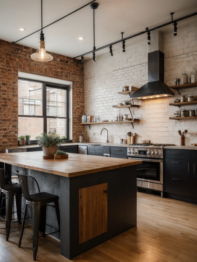 Urban-inspired apartment design with exposed brick walls, industrial lighting fixtures, and a mix of vintage and modern furniture.