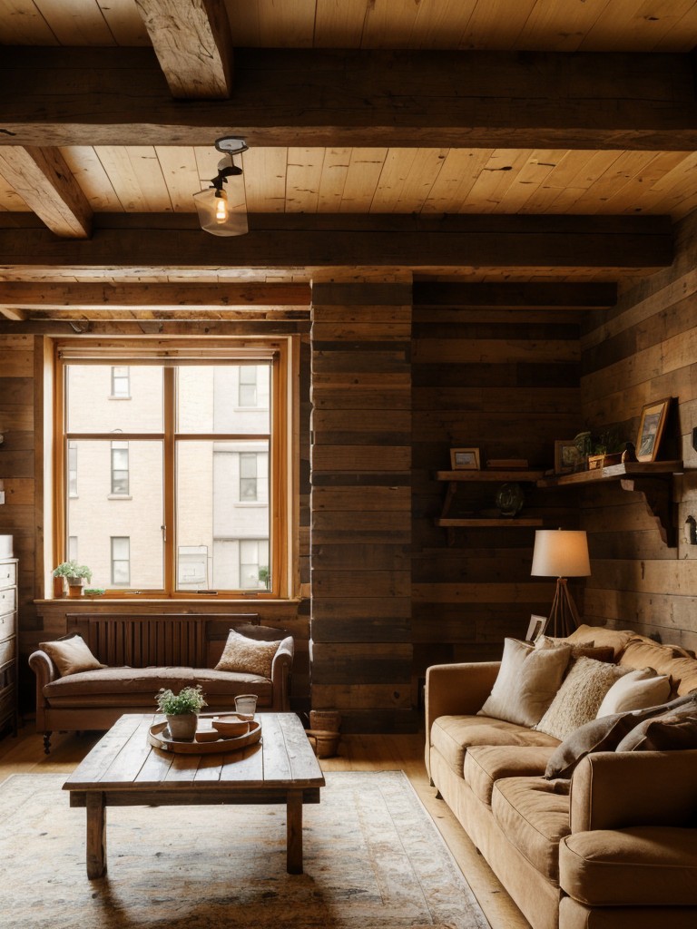 Achieving a rustic and cozy vibe in a New York apartment with exposed wood beams, vintage pieces, and warm color palettes.