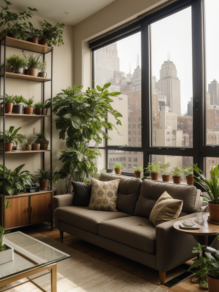 Achieving an urban oasis feel in a New York apartment with indoor plants, sustainable materials, and an earthy color scheme.