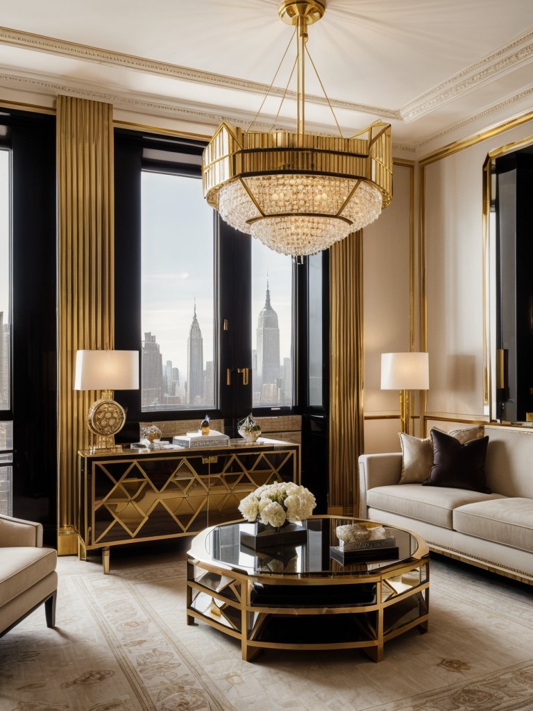 Infusing art deco elements into the design of a New York apartment, such as geometric patterns, luxurious materials, and glamorous lighting fixtures.