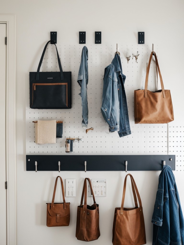 Implement hooks or pegboards on walls for hanging coats, bags, or accessories.