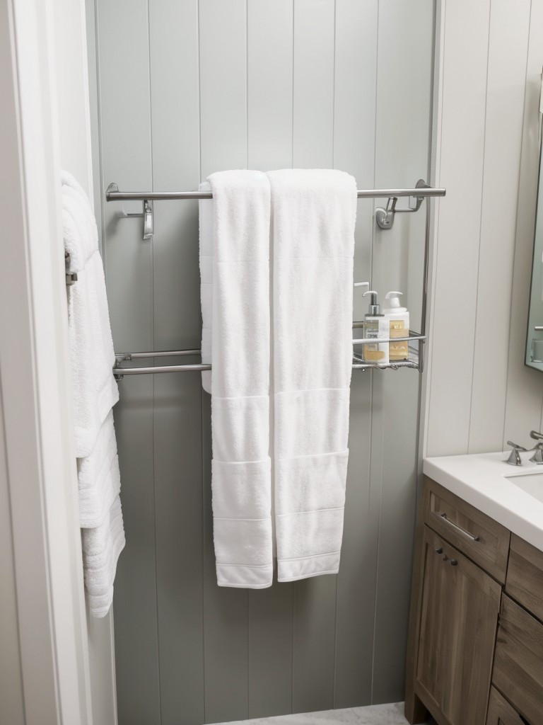 Incorporate wall-mounted hooks or racks in the bathroom for towels or toiletries.