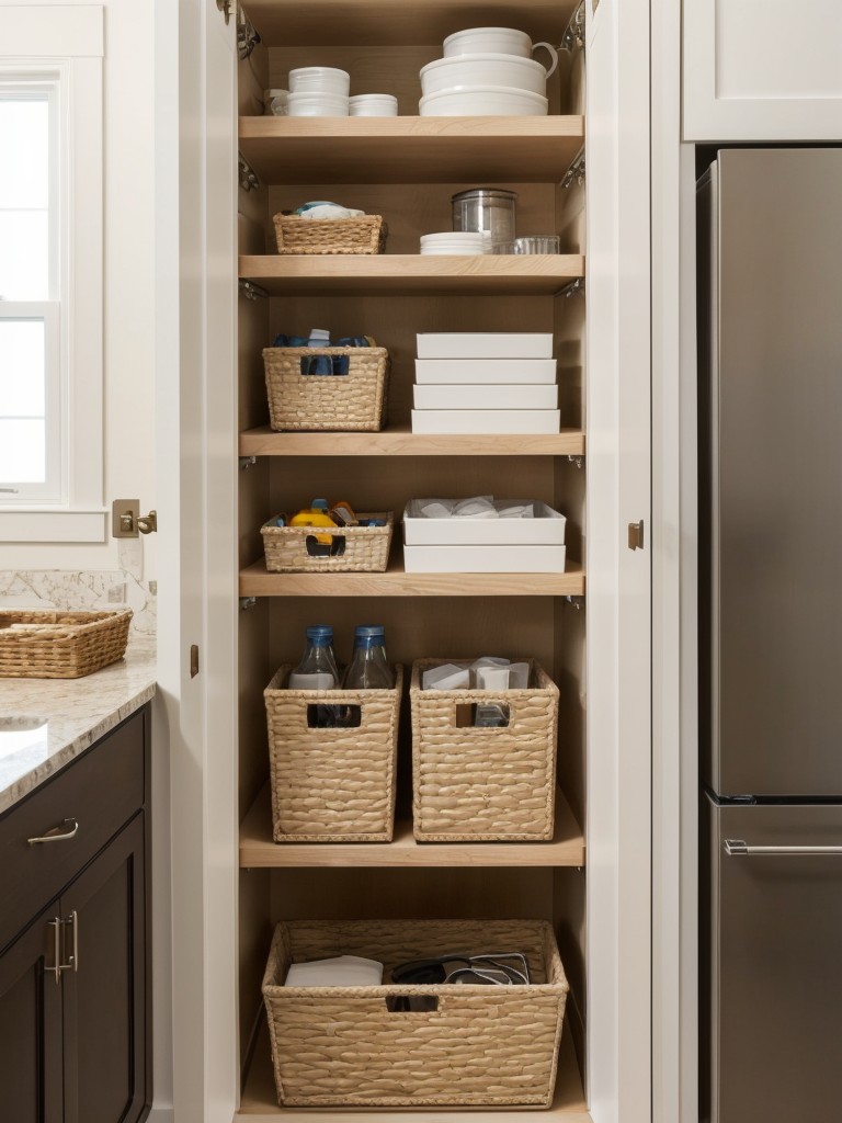 Make use of the space above cabinets with decorative baskets or bins to store infrequently used items.