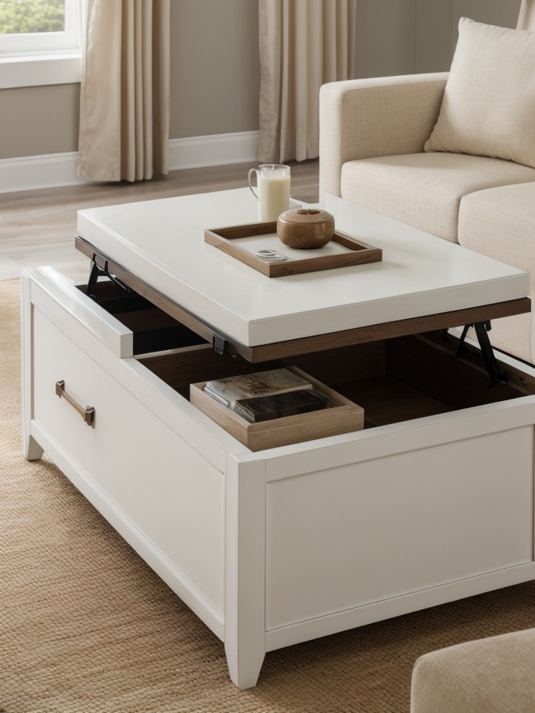 Opt for furniture pieces with built-in storage like coffee tables with hidden compartments.