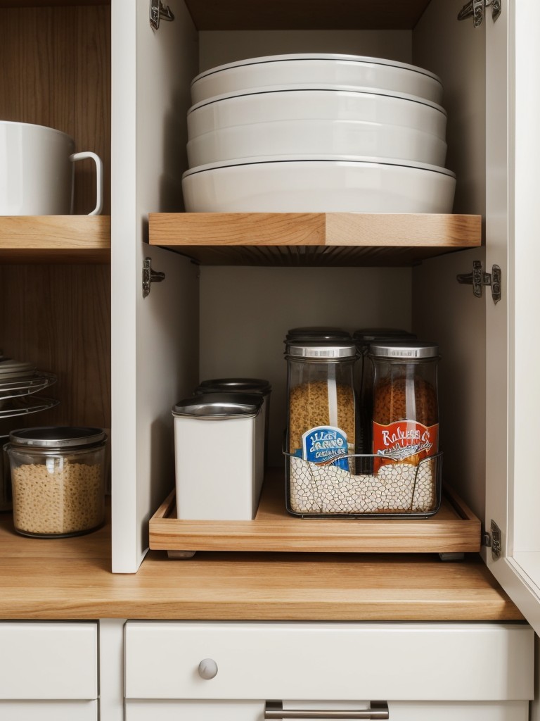 Utilize kitchen cabinet space with tiered shelf organizers for dishes.