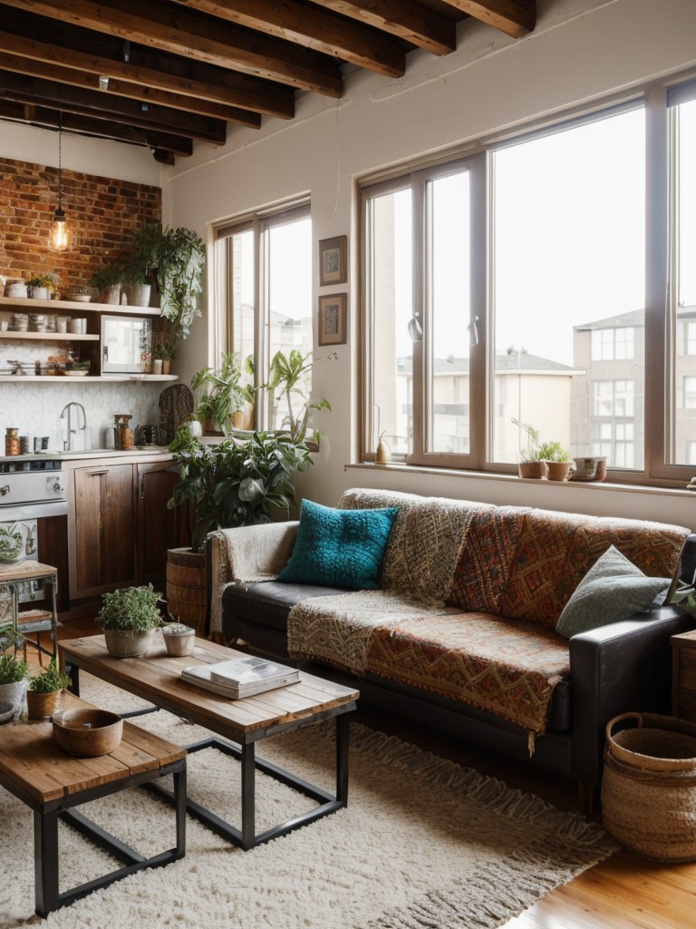 Create an eclectic and bohemian vibe in your loft apartment by mixing patterns, textures, and colors in your decor choices.