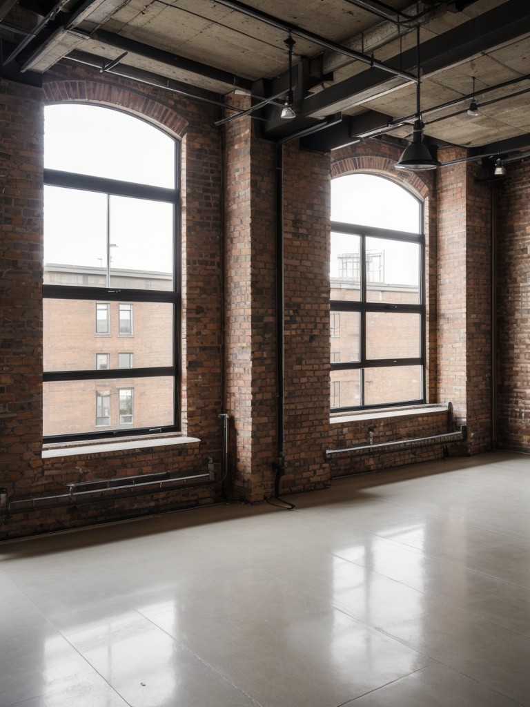 Create an industrial-chic loft apartment with exposed brick walls, high ceilings, and large windows for abundant natural light.