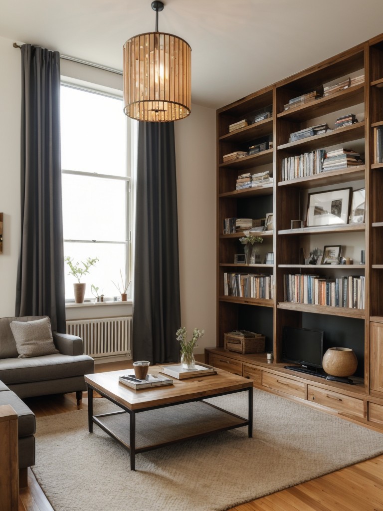 Maximize the use of vertical space in your loft apartment by utilizing tall bookshelves, floor-to-ceiling curtains, and hanging pendant lights.