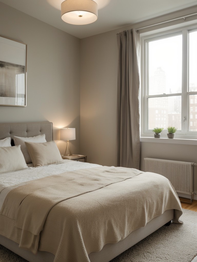 Creating a soothing and tranquil bedroom area in a New York studio apartment, using soft lighting, neutral colors, and cozy textures.