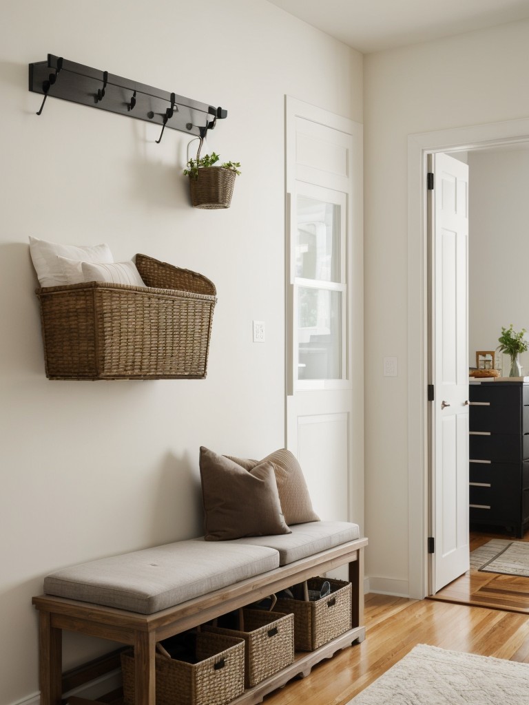 Designing an efficient and visually appealing entryway in a New York studio apartment, utilizing storage benches, wall hooks, and decorative baskets.