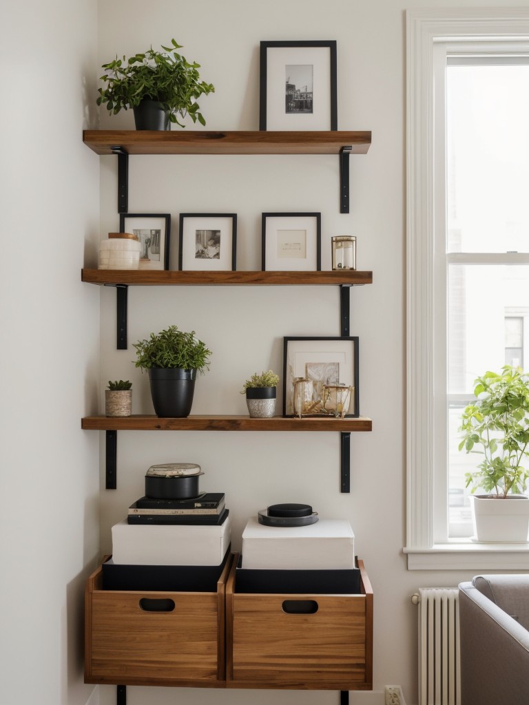 Ideas for maximizing wall space in a New York studio apartment by using floating shelves, wall-mounted hooks, and hanging organizers.