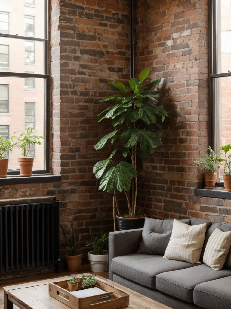 Incorporating natural elements, such as plants and exposed brick walls, to create a cozy and inviting atmosphere in a New York studio apartment.