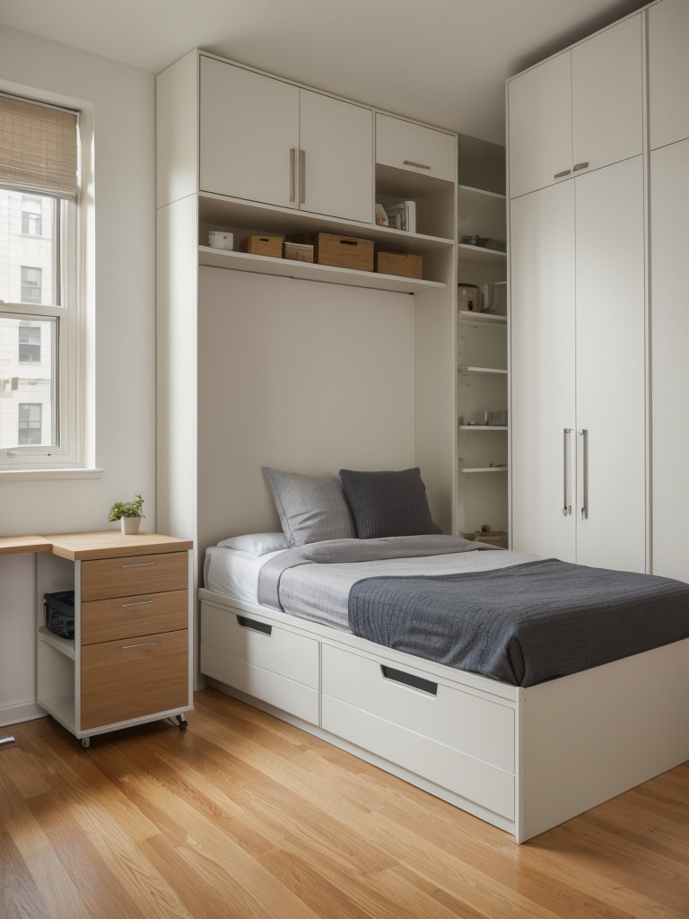 Incorporating smart storage solutions under the bed, such as pull-out drawers or lift-up platforms, to maximize space in a New York studio apartment.