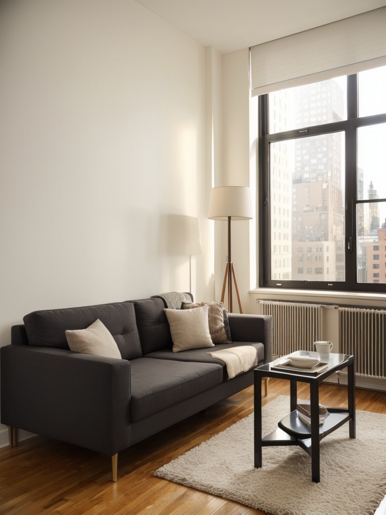 Suggestions for arranging furniture in a New York studio apartment to create distinct areas for living, sleeping, dining, and working.