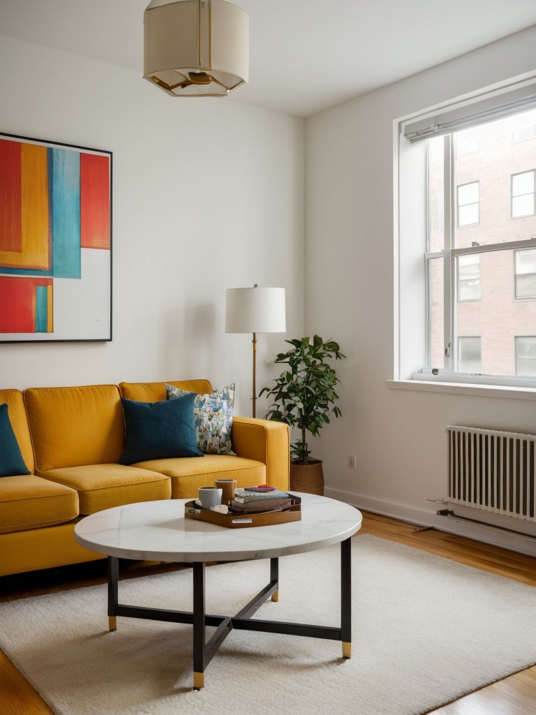 Suggestions for incorporating pops of color through accent walls, vibrant artwork, or bold furniture choices in a New York studio apartment.