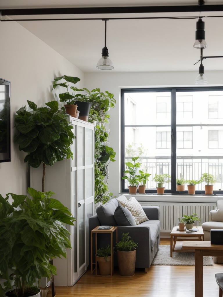Add greenery and plants to bring life and freshness to your studio apartment or small basement space.