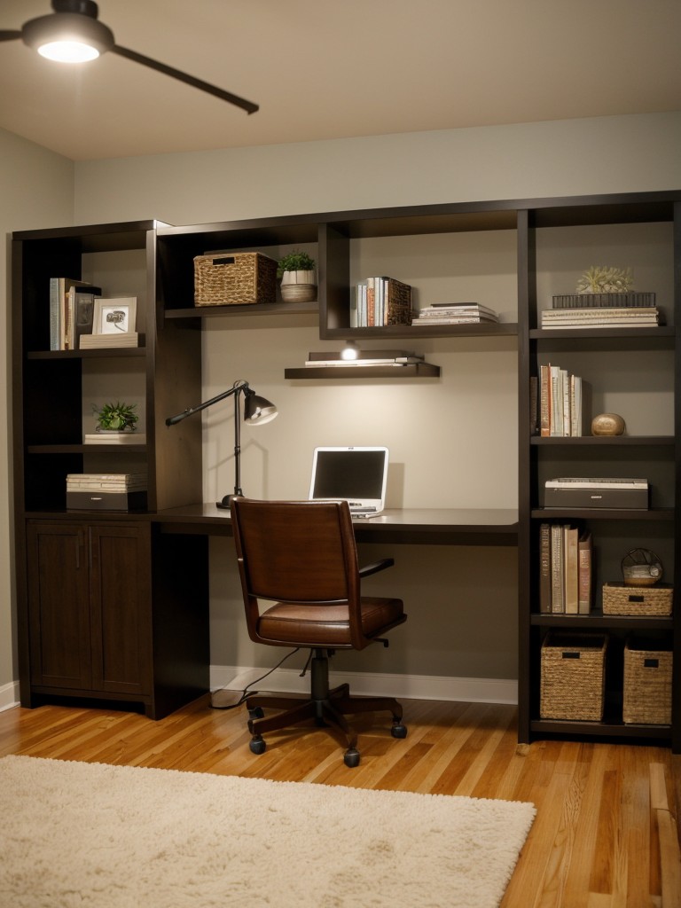Consider using a room divider or bookcase to create a dedicated work area within your small basement apartment.