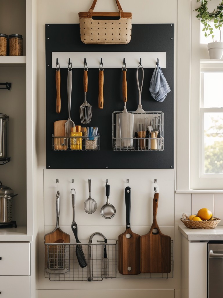 Install hooks or pegboards on the walls for hanging items like coats, bags, or kitchen utensils.