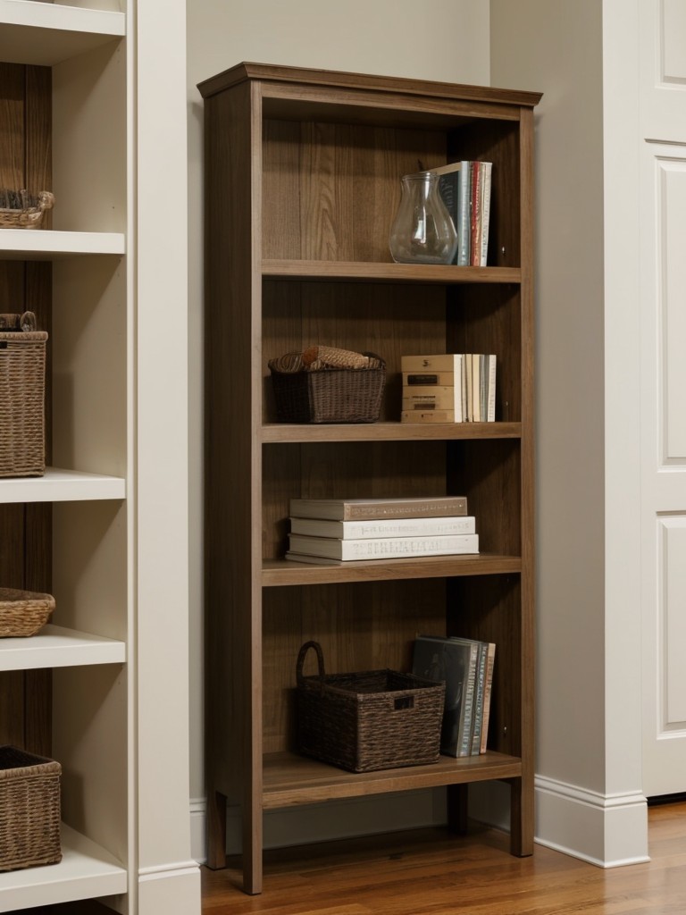 Utilize vertical storage solutions like tall bookcases or hanging organizers to take advantage of the available wall space.