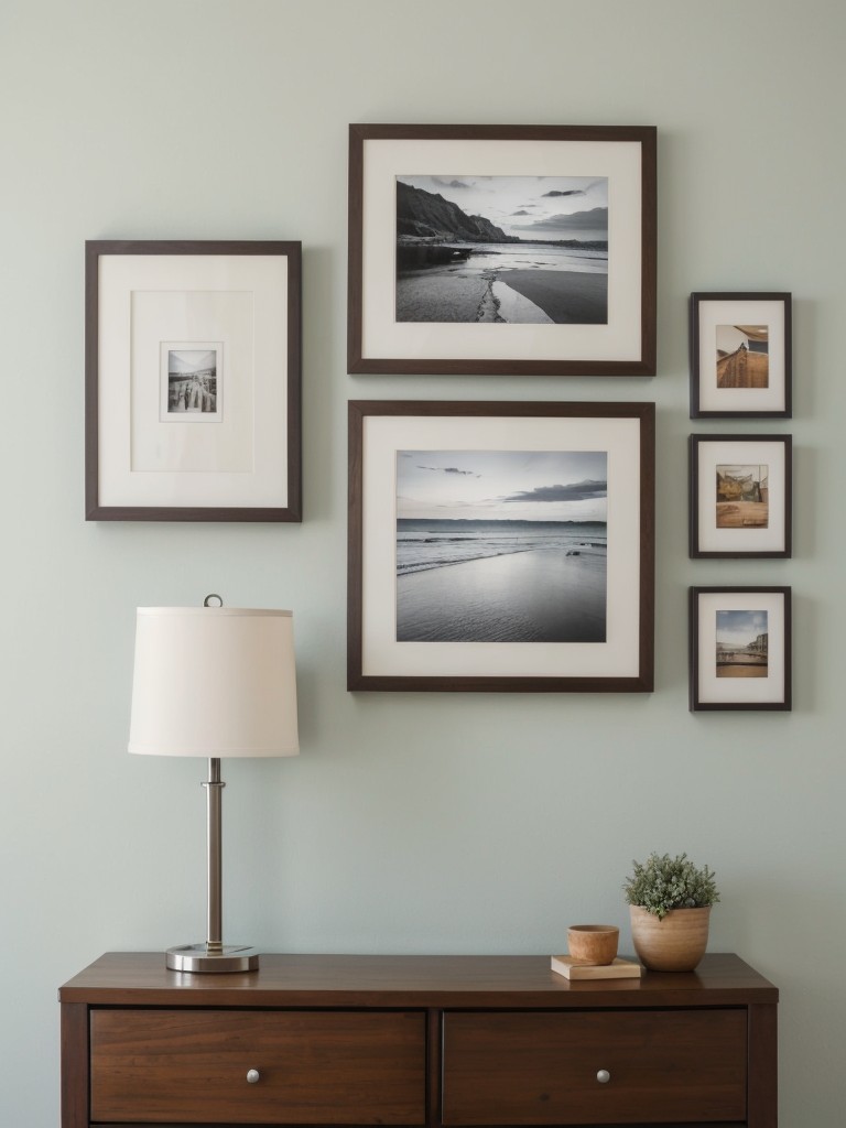 Create a gallery wall using removable adhesive hooks to display art and photographs.