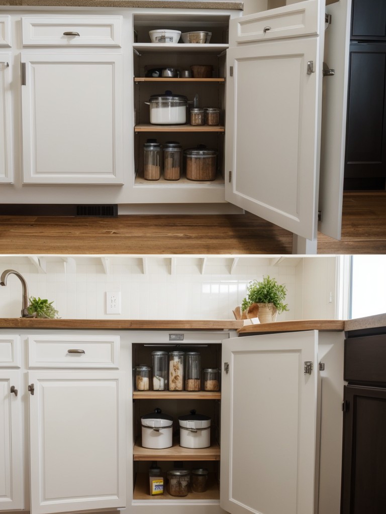 Dress up plain kitchen cabinets by installing removable cabinet liners or adhesive contact paper.