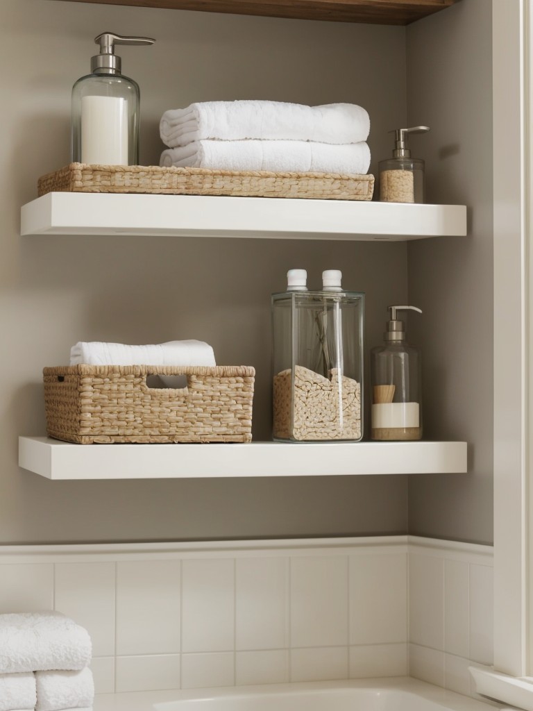 Hang removable floating shelves in your bathroom for storage and to display decorative items.